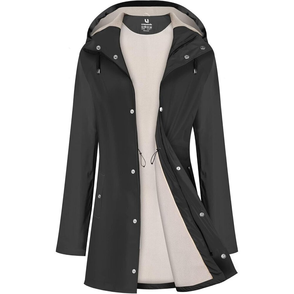 Women Navy Fleece Long Hooded Waterproof Rain Windbreaker Trench Coat Outdoor